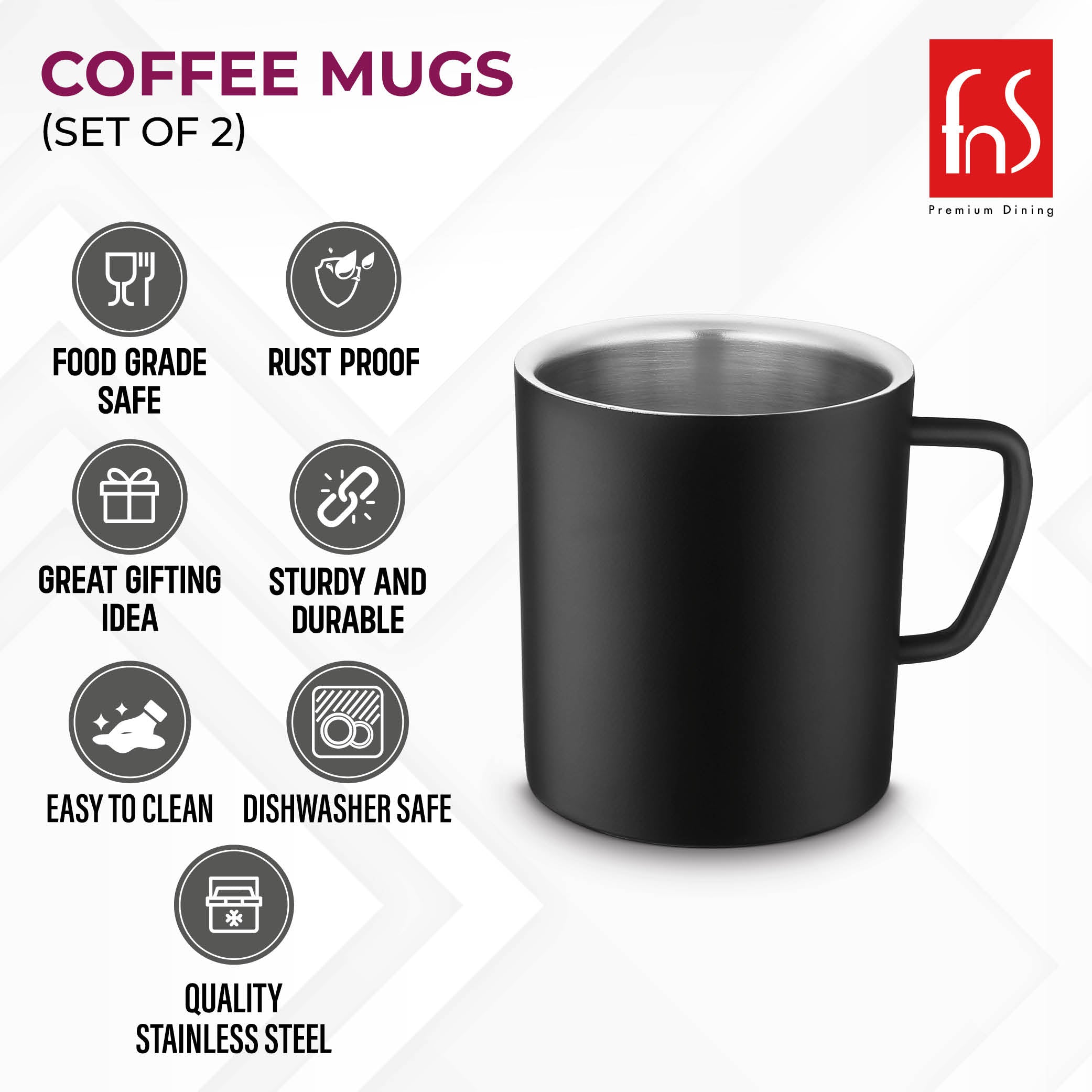 FNS Stainless Steel Coffee Mugs Black (Set of 2)