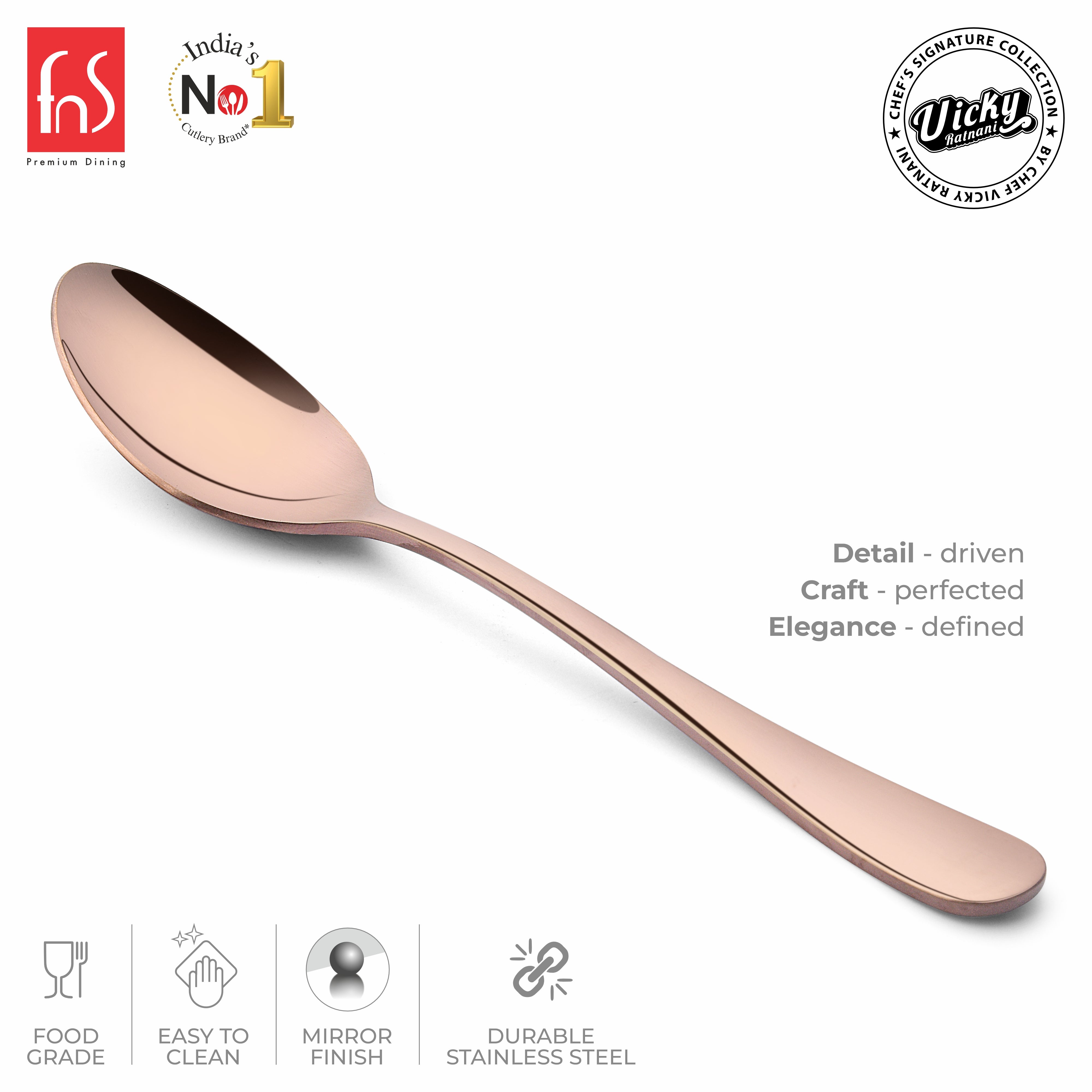 Chef Vicky Ratnani's Signature Collection By FnS Livo Rose Gold Stainless Steel Dessert Spoon 6 Pcs Set | Premium refined finish Handle Design Cutlery for Home, Dining & Kitchen