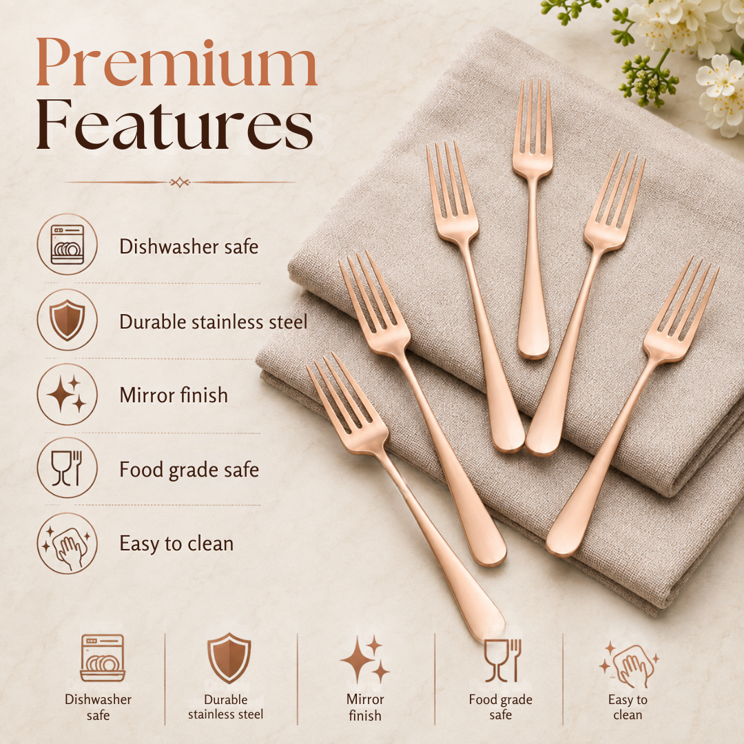 FnS Rosella rose gold stainless steel dinner fork set of 6 with mirror finish, dishwasher safe and food grade safe design