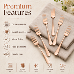 FnS Rosella rose gold stainless steel dinner fork set of 6 with mirror finish, dishwasher safe and food grade safe design