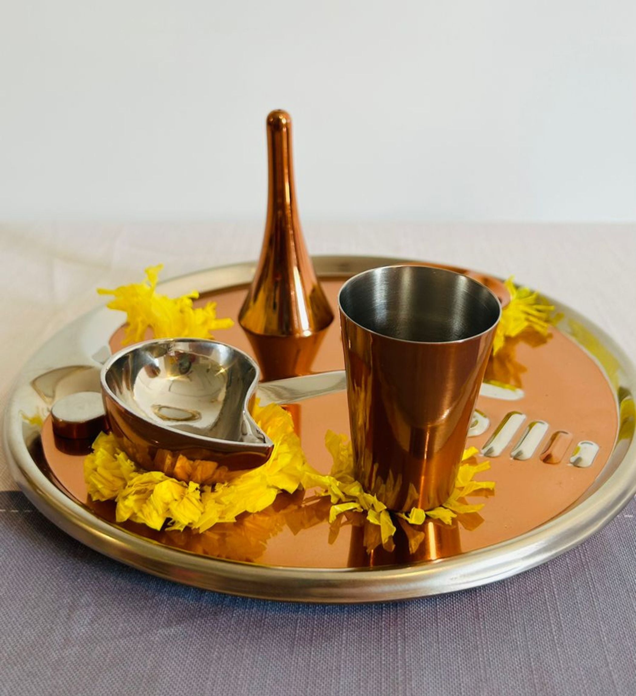 FNS Satva Double Walled Stain Less Steel Pooja Thali 5 Pc Set