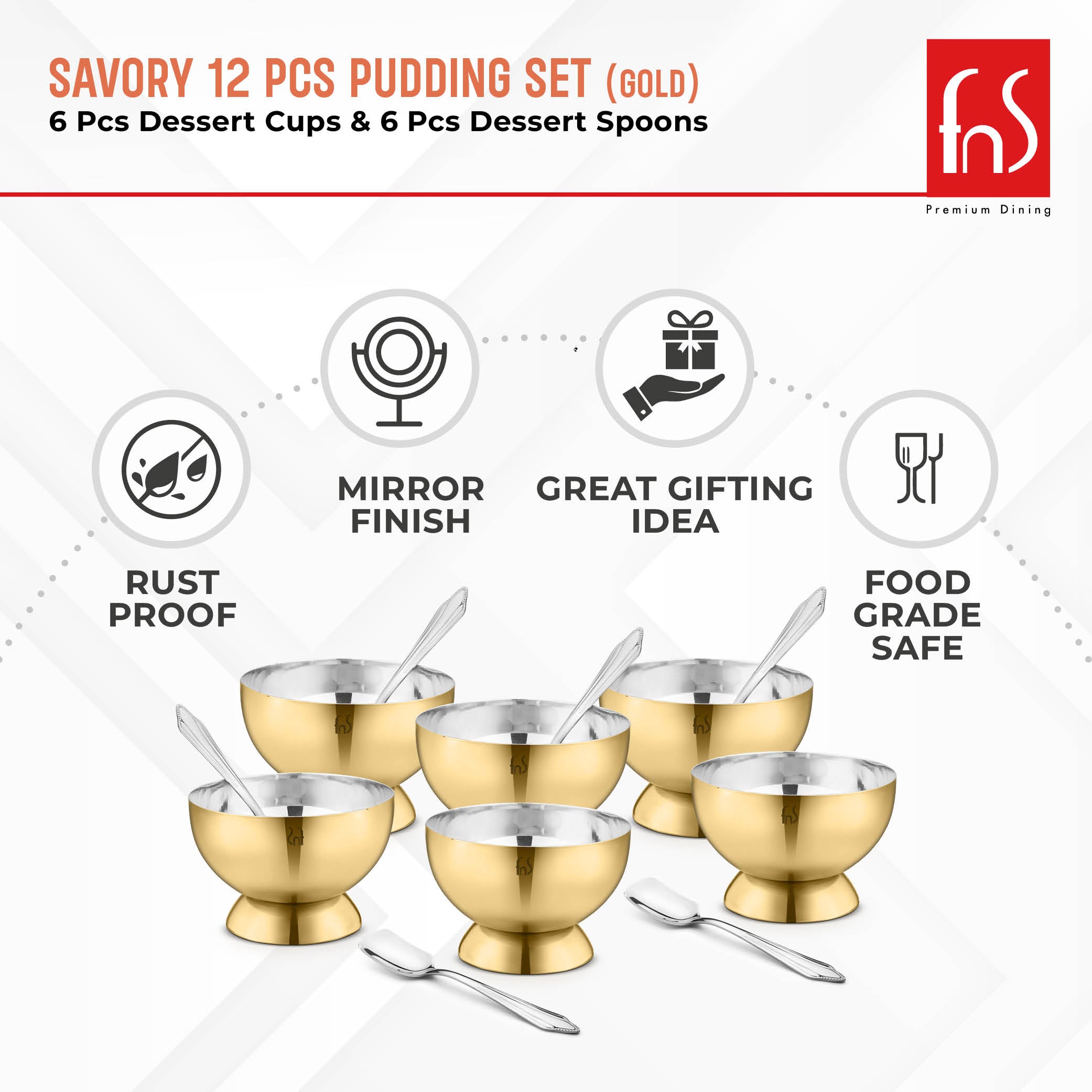 FnS Premium Stainless Steel Savory Ice Cream Bowls Gold