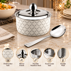 FnS Lecce Double Wall Stainless Steel Casserole 1600ml with Lid and Venice Serving Spoon Combo