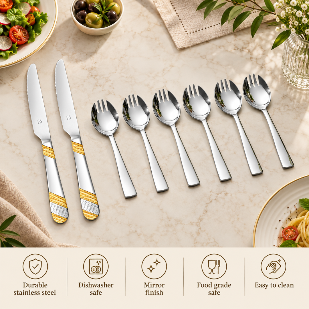 Montavo Milan Spork & FnS Imperio Gold Knife Combo Set (8 Pcs)