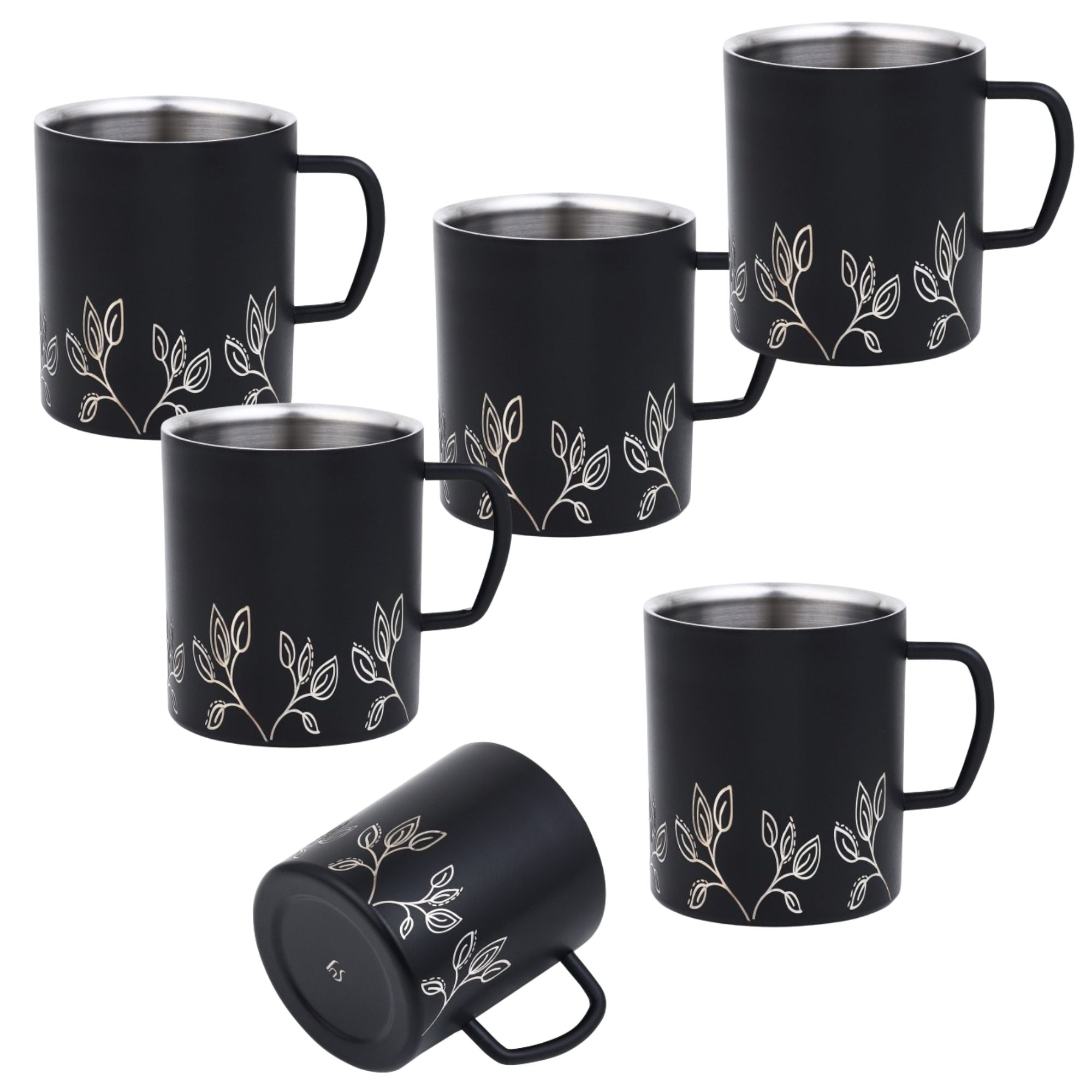 FNS Stainless Steel Coffee Mugs, with Laser Engraving Black (Set of 6)