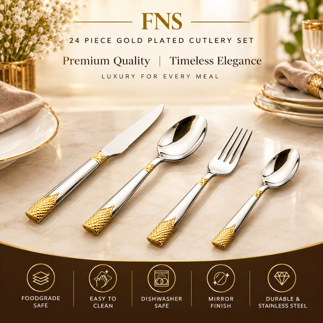 FnS August 24-Pc 24K Gold Plated Steel Cutlery Set with Leatherette Box