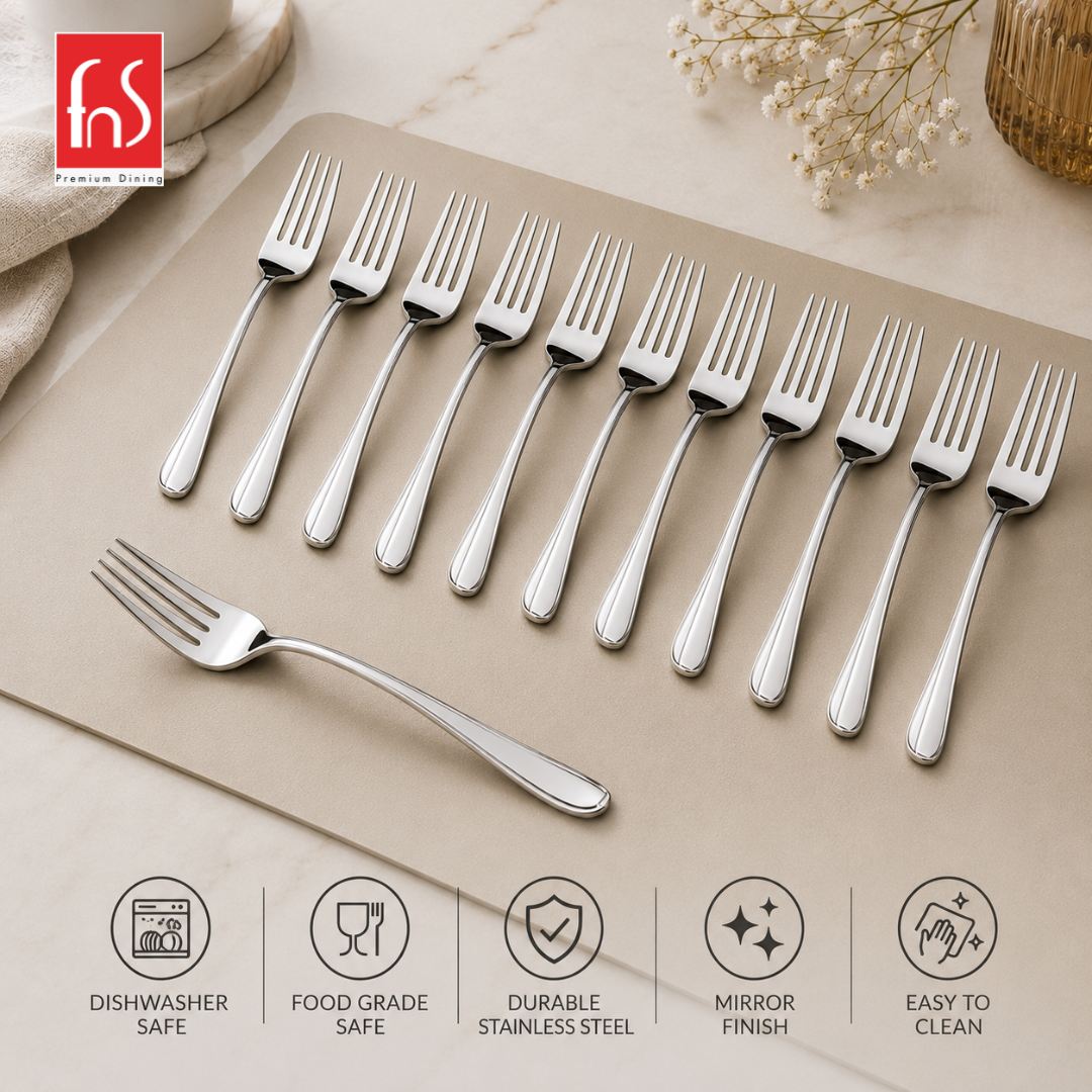 Montavo by FnS Flair 12 Pcs stainless steel dinner fork set with mirror finish, food grade and dishwasher safe design