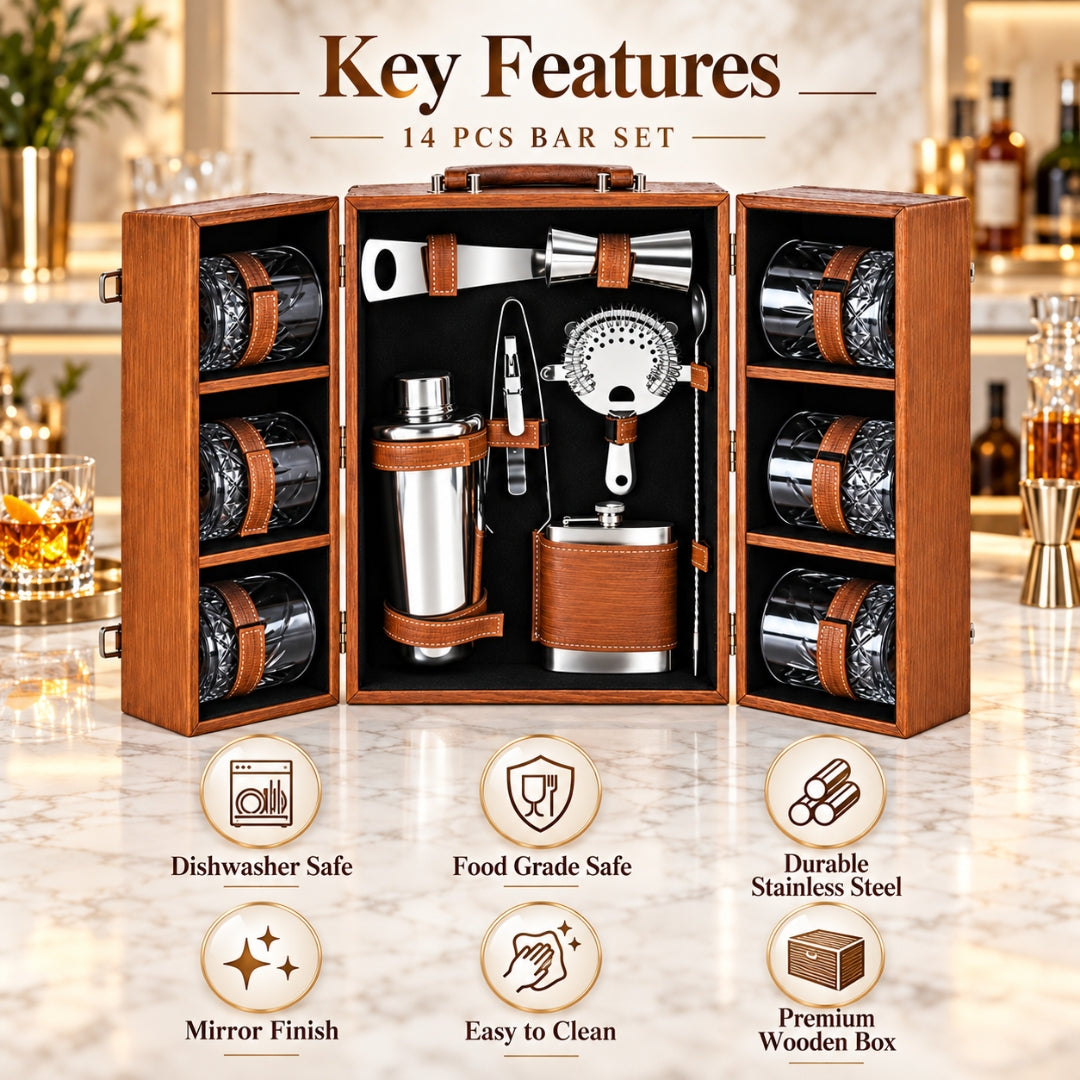 FnS Spirito 14 Pcs Bar Set with Premium Wooden Box