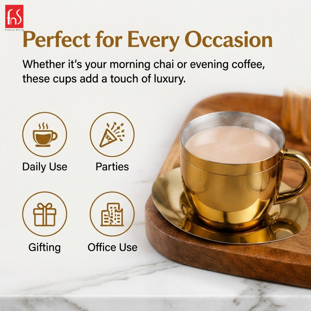 FnS Tea Cup and Saucer Set of 4 Stainless Steel for Gift and Home Decor Double Walled Cup | Unbreakable Cups for Tea and Coffee (Gold, 4 Cups and 4 Saucer)