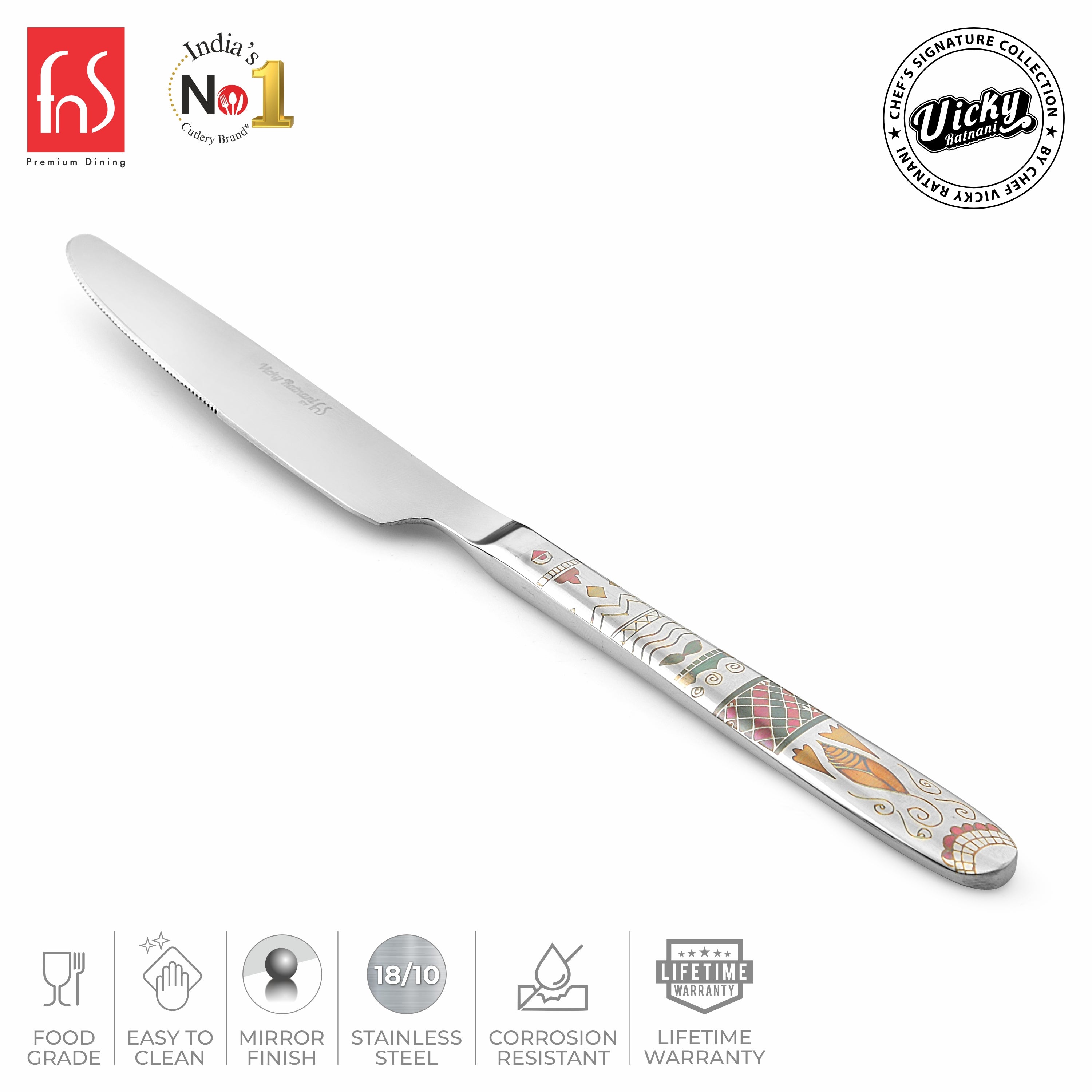 Chef Vicky Ratnani's Signature Collection By FnS Wales Dessert Knife/Dinner knife/Butter knife 2 Pcs Set | Premium artistic & contemporary craftsmanship detailing Handle Design Cutlery for Home, Dining & Kitchen