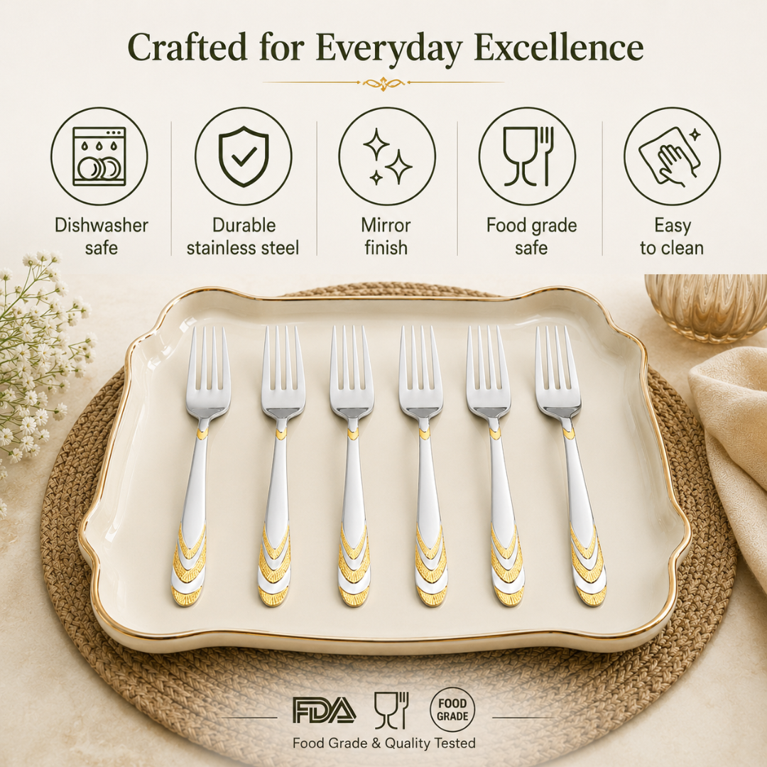 Montavo by FnS Magna 24 Karat gold plated 6 Pcs dinner fork set with mirror finish, dishwasher safe and food grade safe