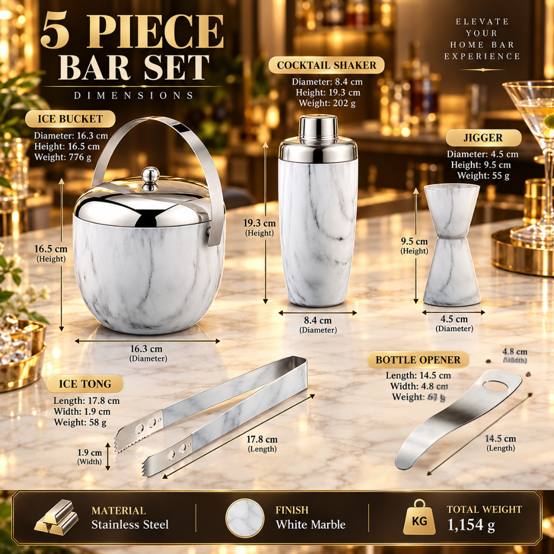 FnS 5-Pc White Marble Finish Stainless Steel Bar Set