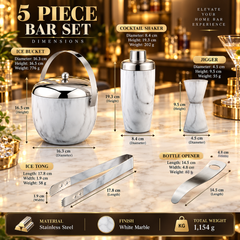 FnS 5-Pc White Marble Finish Stainless Steel Bar Set