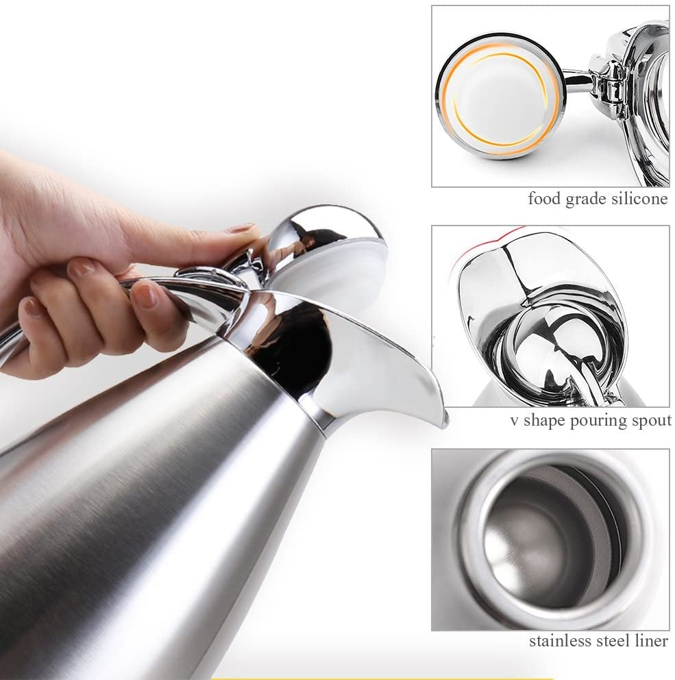 FnS - Stainless Steel, Vacuum Carafe - Coffee Thermos Flask, Double Wall Insulated Beverage Dispenser - 1.5 Litre Capacity, Heat and Cold Retention - Silver Color, Set of 1