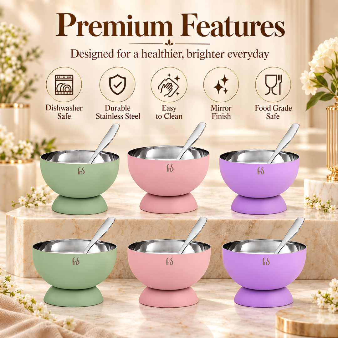 FnS Mellora 6-Pc Multicolour Stainless Steel Dessert Bowl & Spoon Set