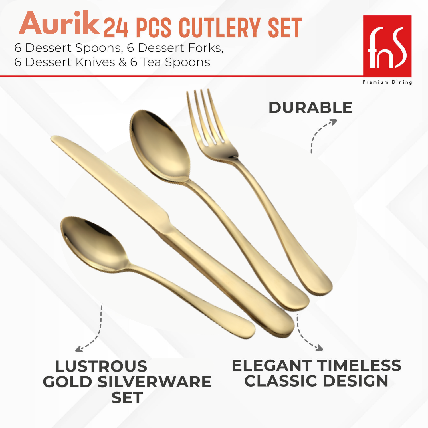 FNS Aurik 24 pcs Gold Plated Premium Cutlery Set with Box