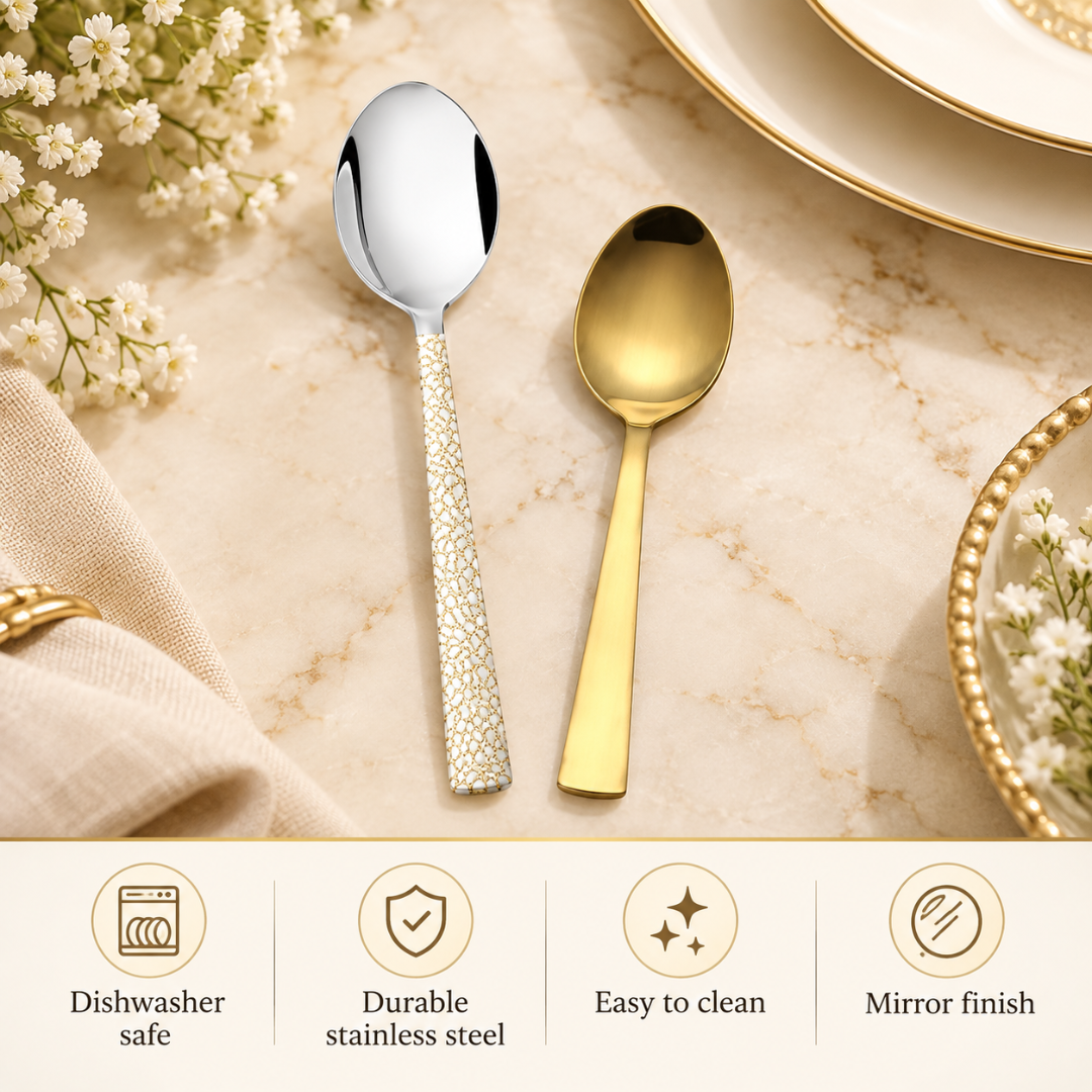 FnS Pebble Dinner Spoon & Alexa Gold Baby Spoon Combo Set (12 Pcs)