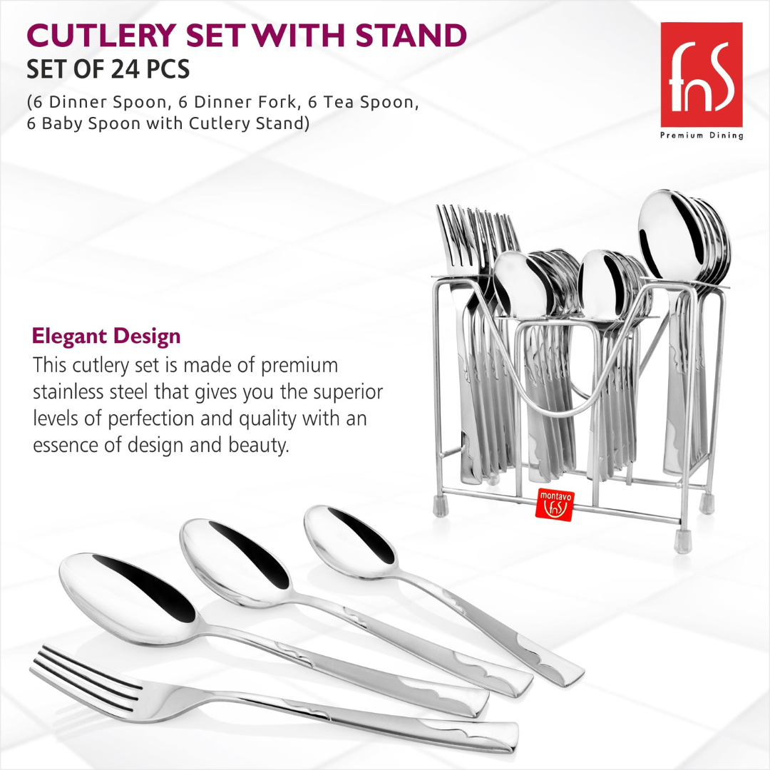 Montavo 24 Pcs Creta Stainless Steel Cutlery Set with Stand (6 Dinner Spoon, 6 Dinner Fork, 6 Baby Spoon, 6 Tea Spoon)