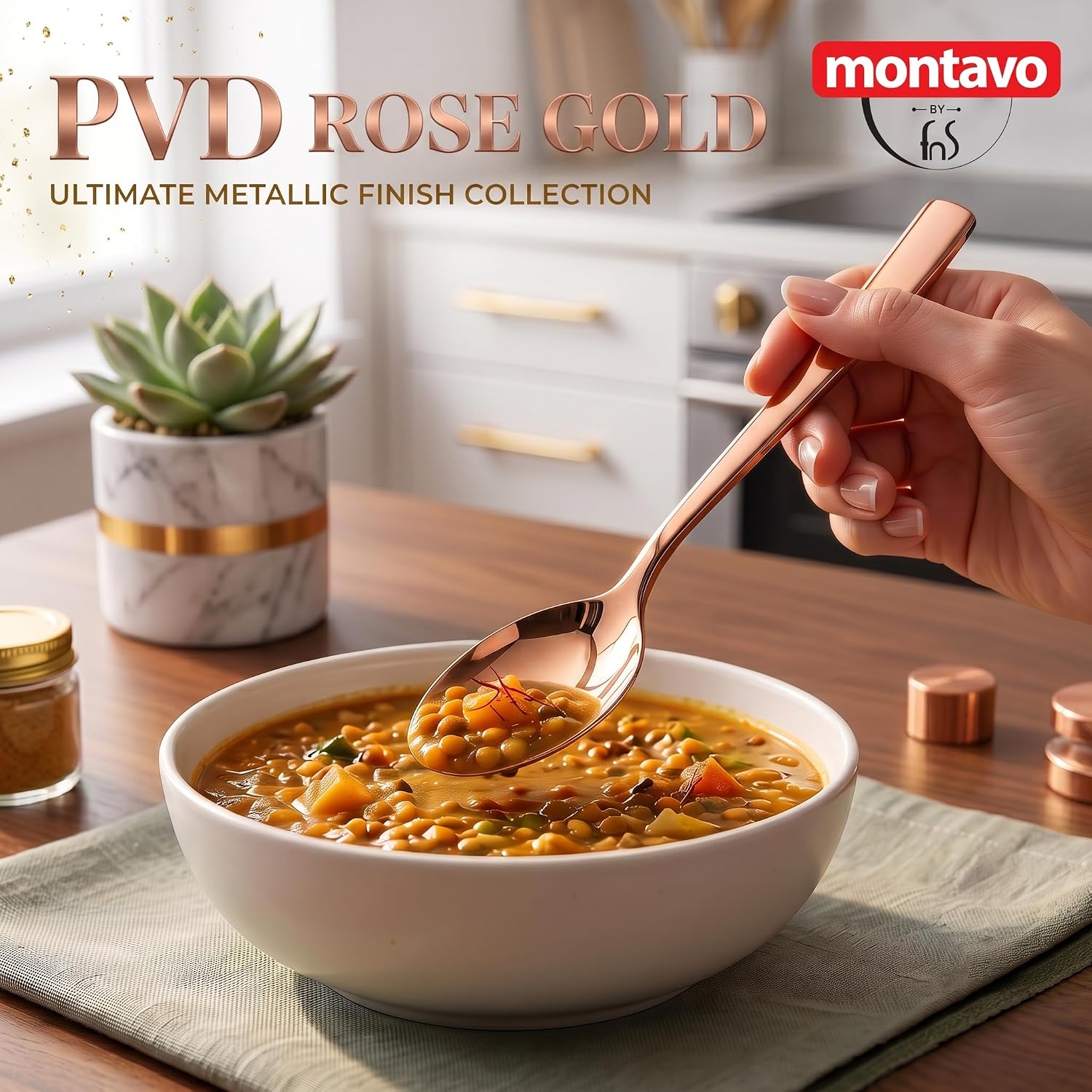 Montavo by FnS Stainless Steel Dinner Spoons | Set of 12 PVD Rose Gold Mirror Finish