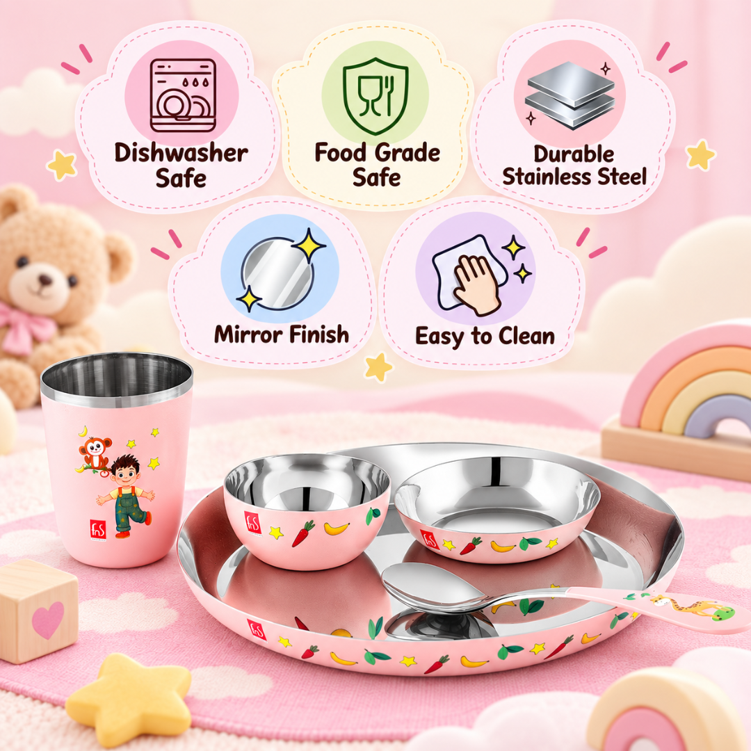 FnS Little Bites 5-Pc Stainless Steel Kids Dinner Thali Set – Pink