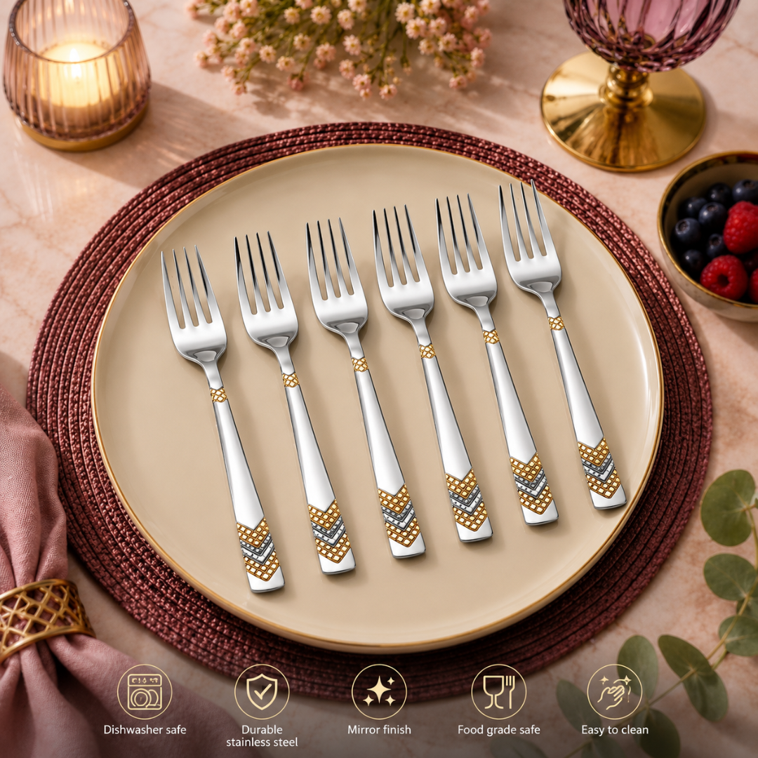 FnS RAGA 6-Pc 24K gold plated stainless steel dinner fork set with mirror finish, dishwasher safe and food grade safe