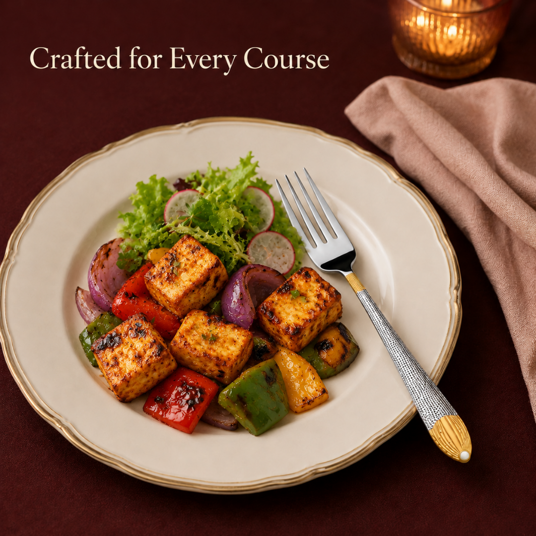 Montavo by FnS Passion real gold-plated dinner fork served beside grilled paneer and vegetables on an elegant white plate.
