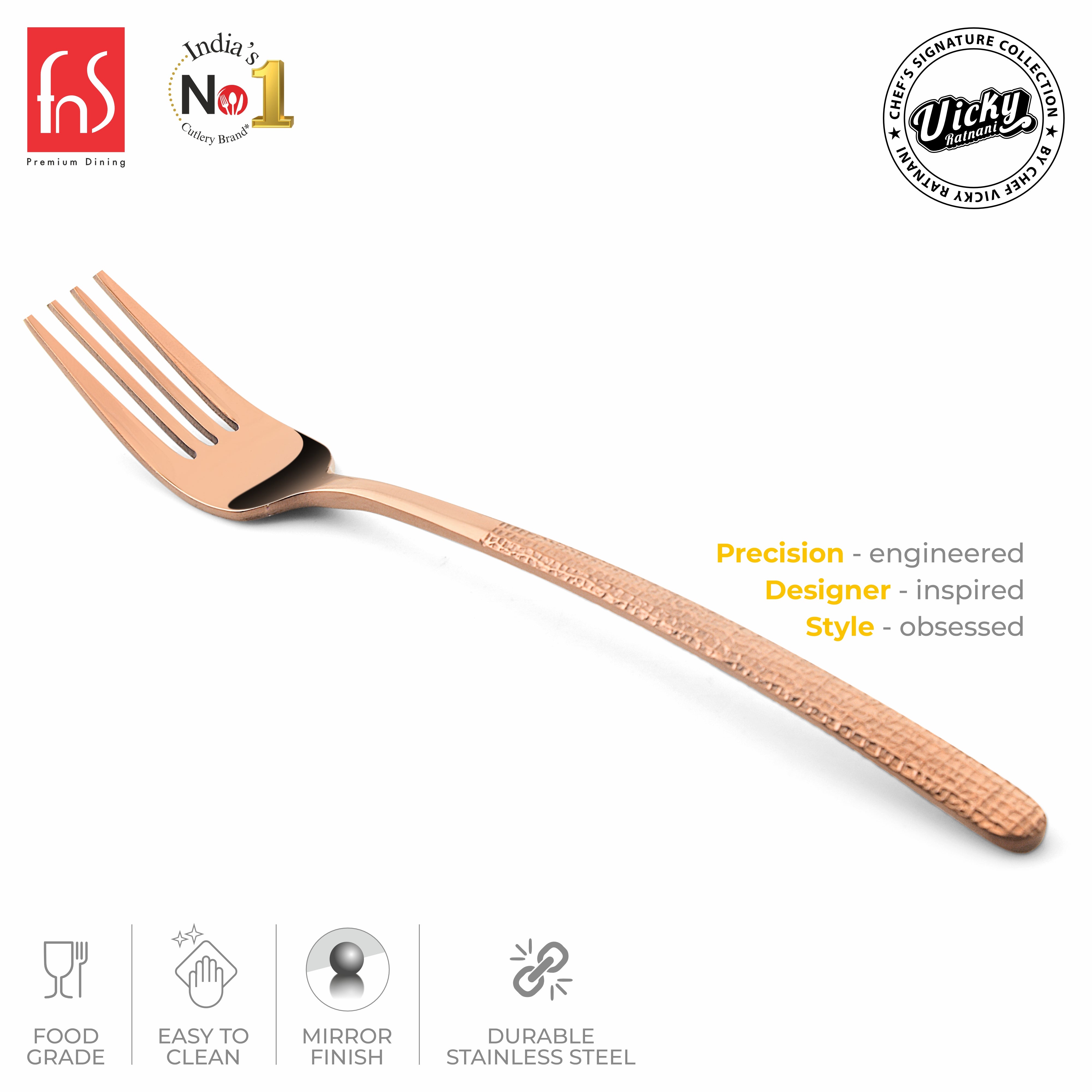 Chef Vicky Ratnani's Signature Collection By FnS Sorrento Rose Gold Stainless Steel Dessert Fork 6 Pcs Set | Premium Textured Handle Design Cutlery for Home, Dining & Kitchen