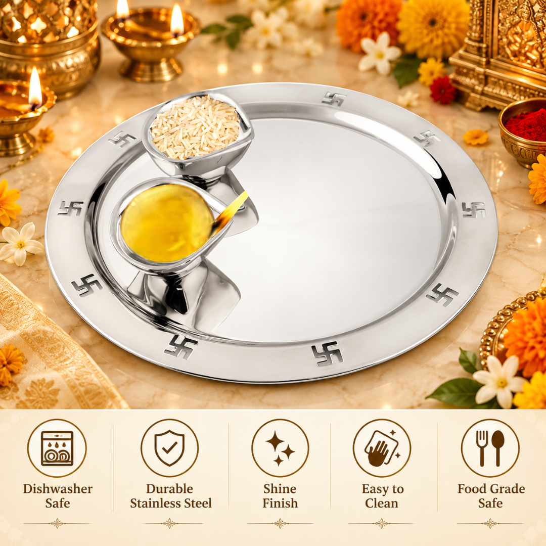 FnS Premium 3-Pc Stainless Steel Pooja Thali Set