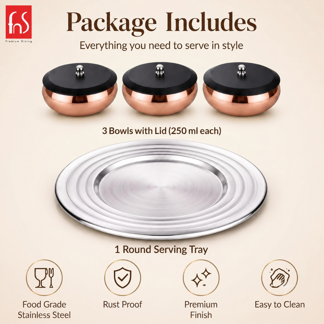 FnS Orbit Stainless Steel Serving Set for Snacks, Dry Fruits, Dessert (Rose Gold)