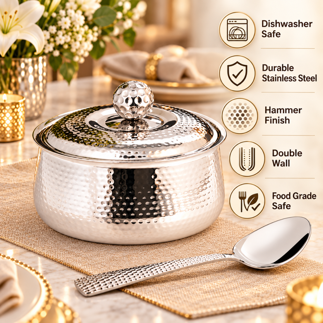FnS Genoa 850 ml Hammered Stainless Steel Casserole with Serving Spoon