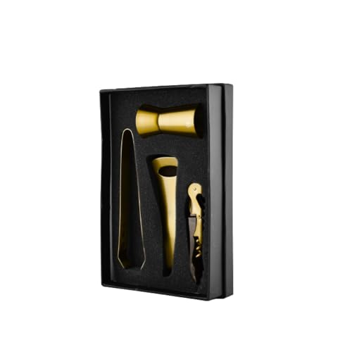 FnS 4 pcs Bar Tool Set in Gold Finish with Box Packaging -Home Bartending Kit with Ice Tong, Peg Measure, Bottle Opener, Corkscrew