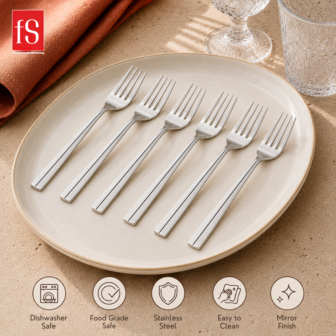 Montavo by FnS Nile 12-piece dessert fork set in food-grade stainless steel with mirror finish and easy-clean design.
