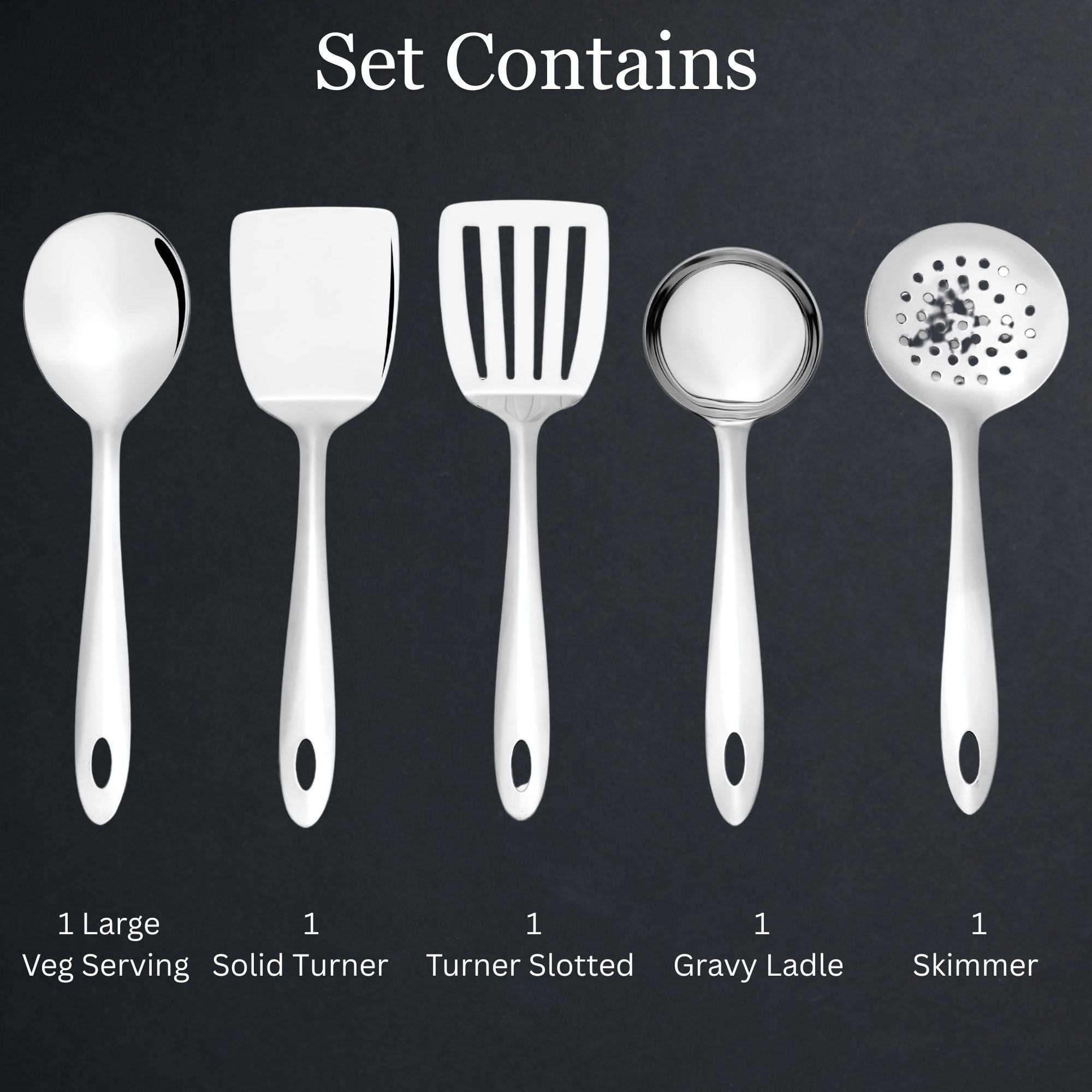 Montavo by FnS Amazon Stainless Steel Serving Tools Set of 5, 1 Slotted Turner, 1 Gravy Ladle, 1 Skimmer Turner, 1 Serving Spoon, 1 Turner Solid