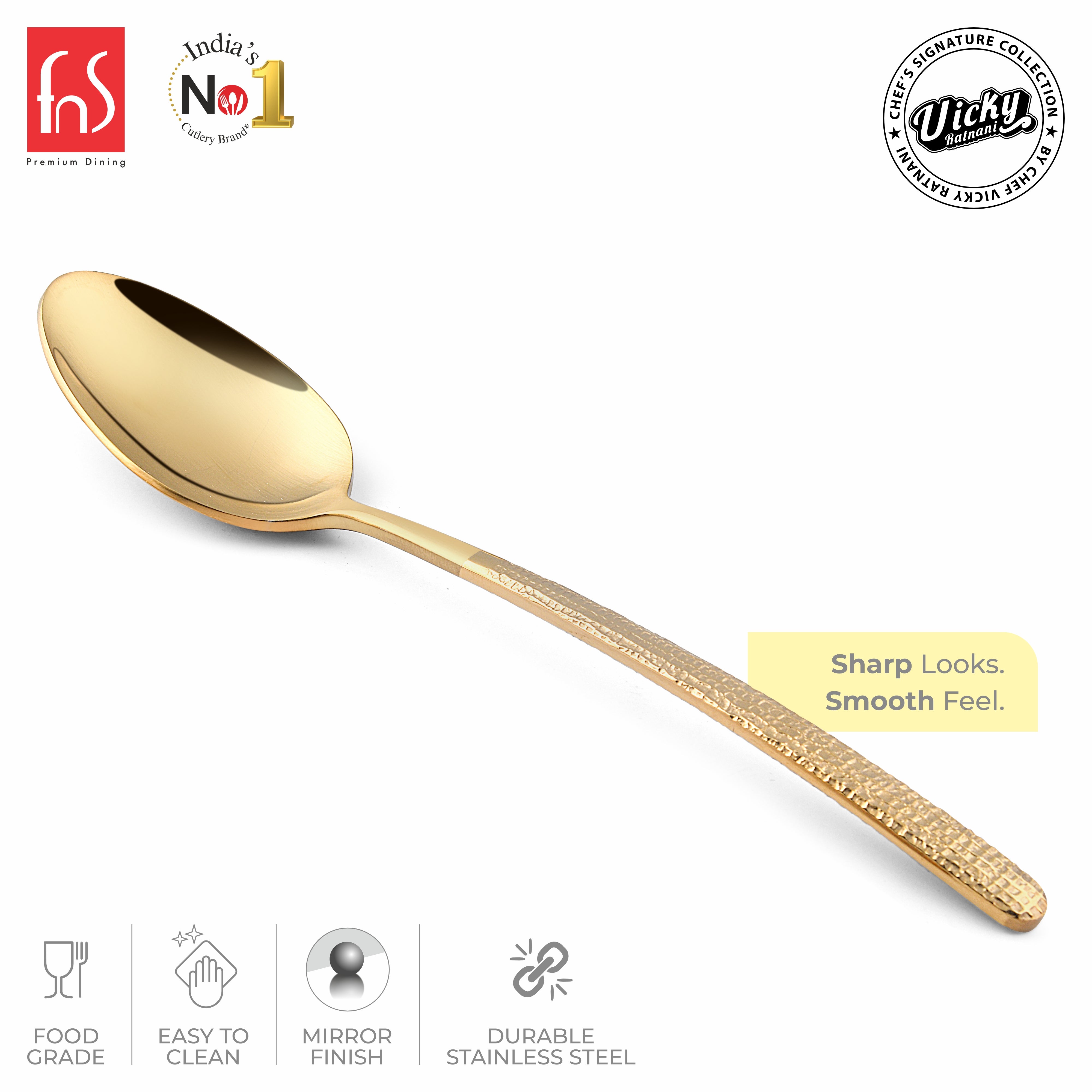 Chef Vicky Ratnani's Signature Collection By FnS Velora Stainless Steel Dessert Spoon 6 Pcs Set | Premium Textured Handle Design Cutlery for Home, Dining & Kitchen