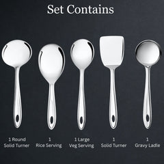 Montavo by FnS Trinity Stainless Steel Serving Tools Set of 5, 1 Rice Server, 1 Gravy Ladle, 1 Skimmer Turner, 1 Veg Serving Spoon, 1 Turner Solid