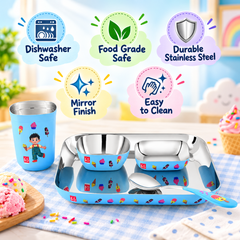FnS Little Bites 5-Pc Stainless Steel Kids Dinner Thali Set – Ice Cream Party Blue
