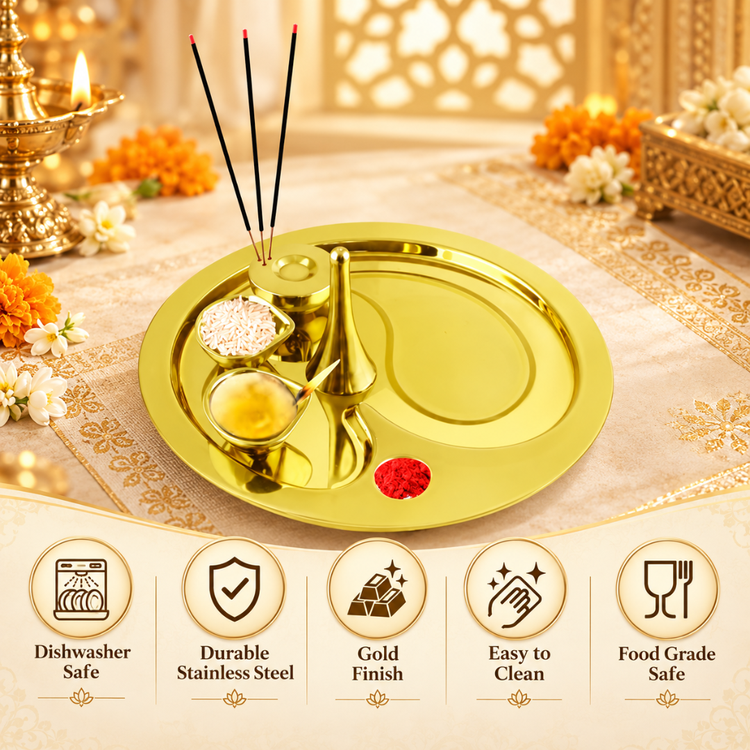 FnS Shubh 5-Pc Gold Finish Stainless Steel Pooja Thali Set