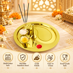FnS Shubh 5-Pc Gold Finish Stainless Steel Pooja Thali Set