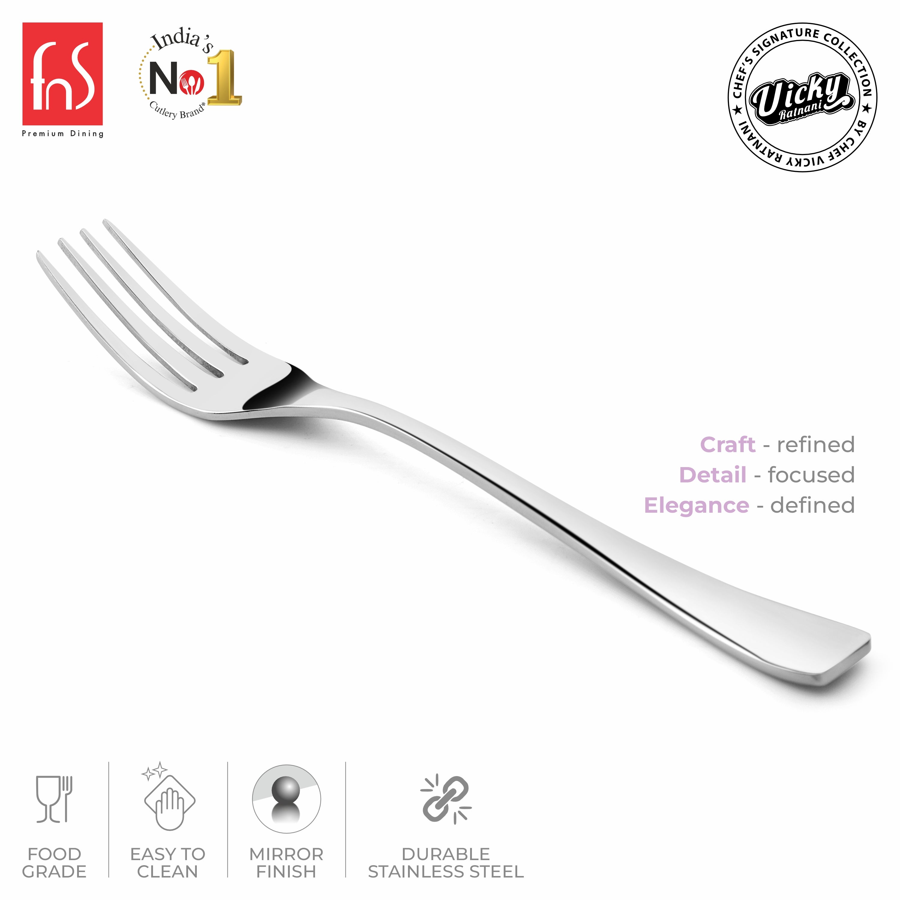 Chef Vicky Ratnani's Signature Collection By FnS Nexa Stainless Steel Dessert Fork 6 Pcs Set | Premium sleek contemporary Handle Design Cutlery for Home, Dining & Kitchen
