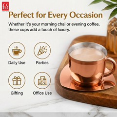 FnS Tea Cup and Saucer Set of 4 Stainless Steel for Gift and Home Decor Double Walled Cup | Unbreakable Cups for Tea and Coffee (Rose Gold, 4 Cups and 4 Saucer)