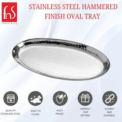 FnS Stainless Steel Oval Deep Platter with hammered finish, rust-proof, durable and ideal for serving food.
