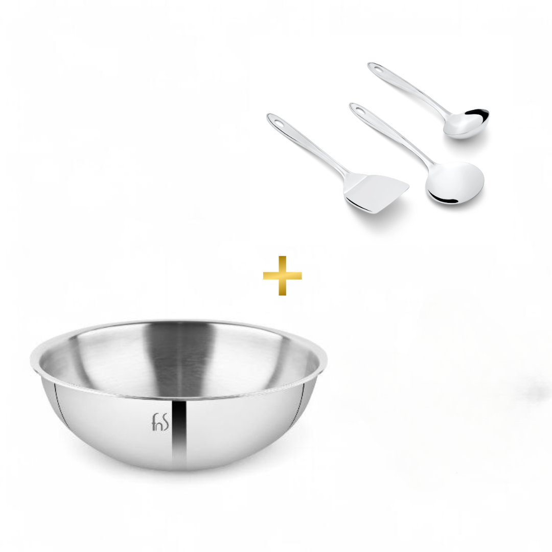 FnS Trinity Stainless Steel Serving Tools Set of 3 and NuChef Triply Tasla 20 cm Combo 3-Ply Cookware Pot with Gravy Ladle, Solid Turner & Skimmer Turner, Induction & Gas Compatible Kitchen Combo