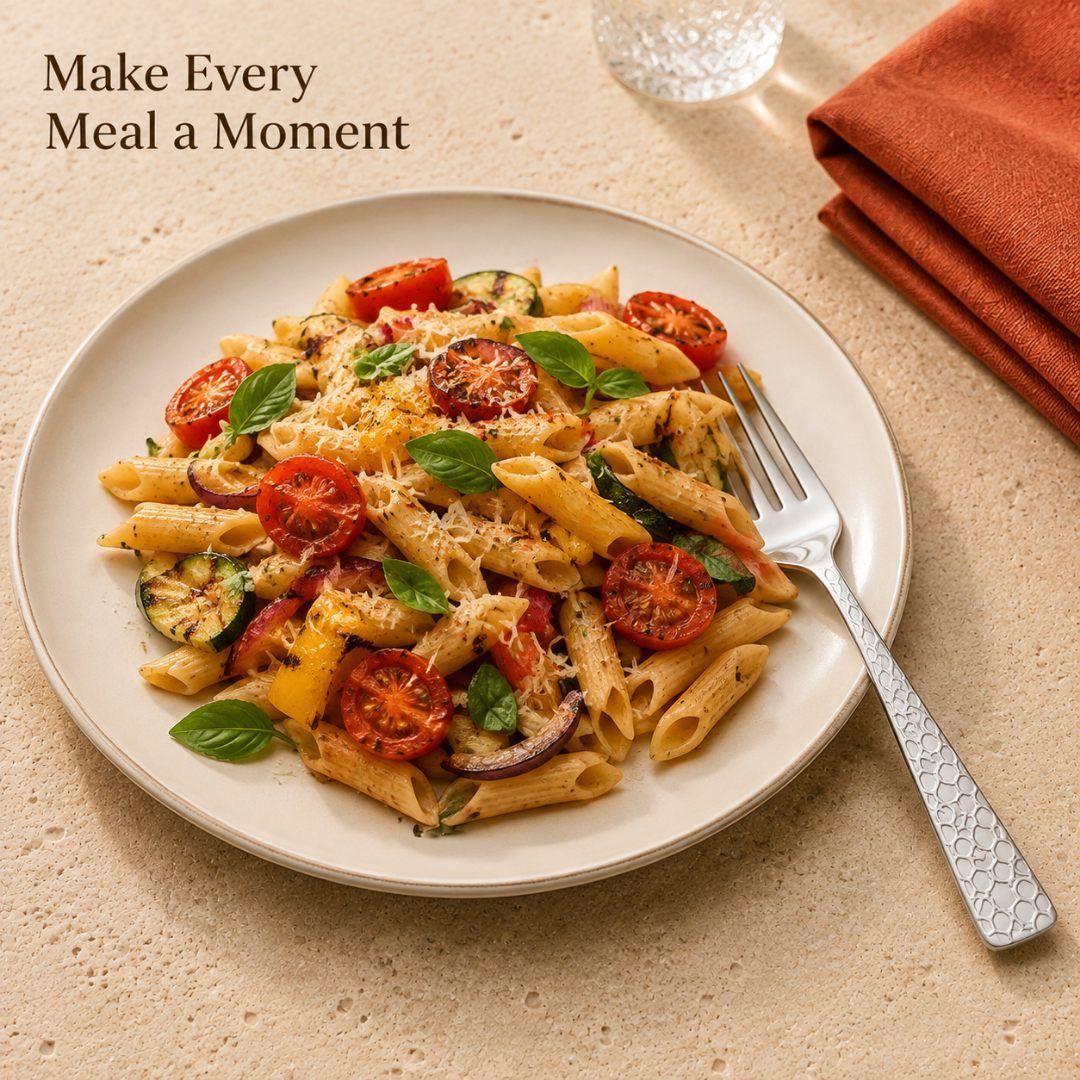 Montavo by FnS Pacific stainless steel dinner fork with textured handle served beside a plate of fresh vegetable pasta.