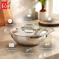 FnS NuChef Cookware Triply Kadai 28 CM With Stay-Cool Handles | Even Heat Distribution, Durable & Rust-Free Cookware
