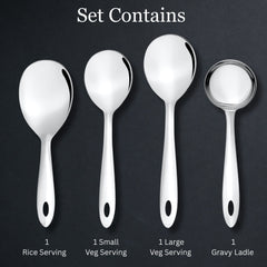 Montavo by FnS Amazon Stainless Steel Serving Tools Set of 4, 1 Gravy Ladle (chamcha), 1 Rice Server, 1 Veg Serving Spoon (Medium), 1 Veg Serving Spoon (Small)