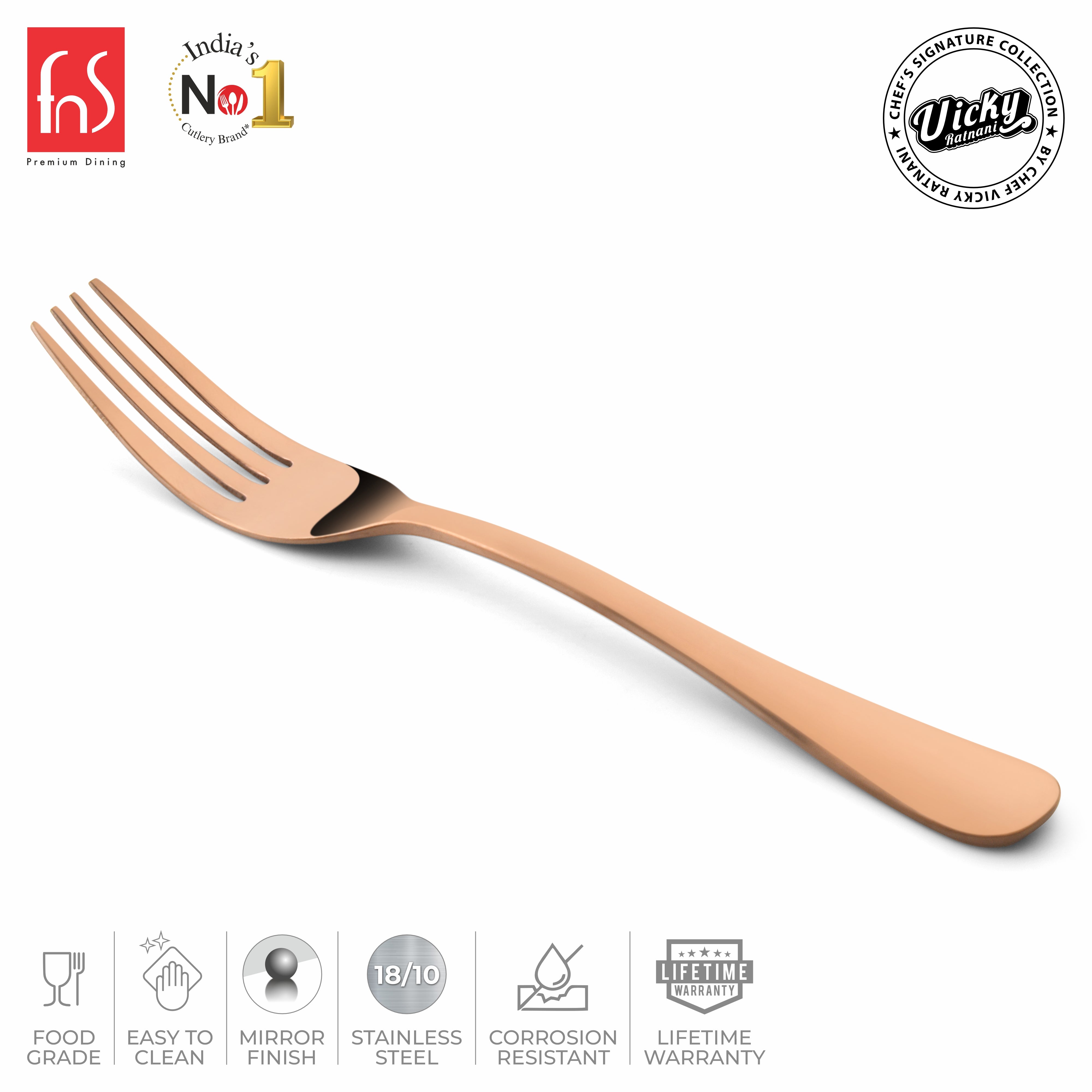 Chef Vicky Ratnani's Signature Collection By FnS Livo Rose Gold Stainless Steel Dessert Fork 6 Pcs Set | Premium refined finish Handle Design Cutlery for Home, Dining & Kitchen