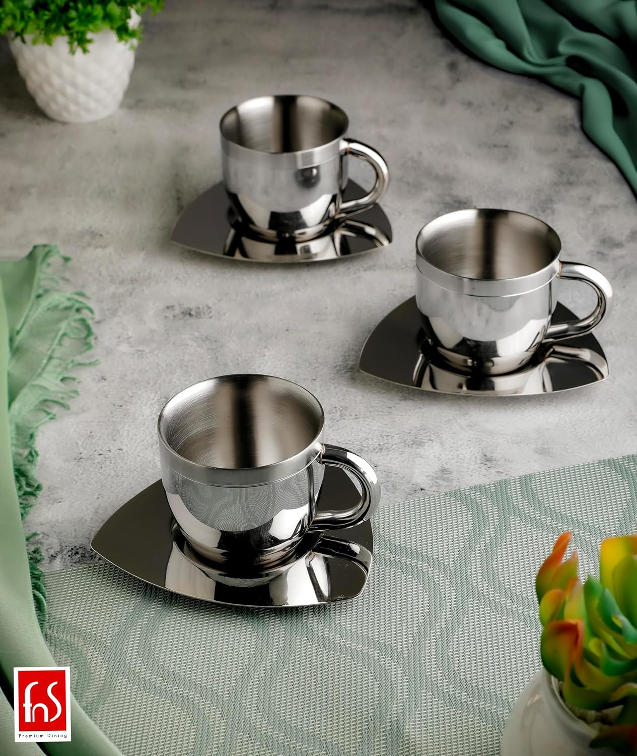 FnS Stainless Steel Tea Cup and Saucer Set