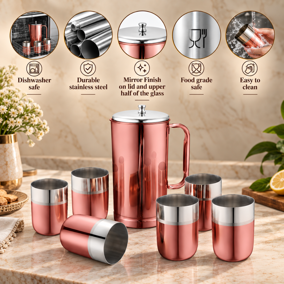 FnS Glory 7-Pc Rose Gold PVD Stainless Steel Pitcher & Glass Set