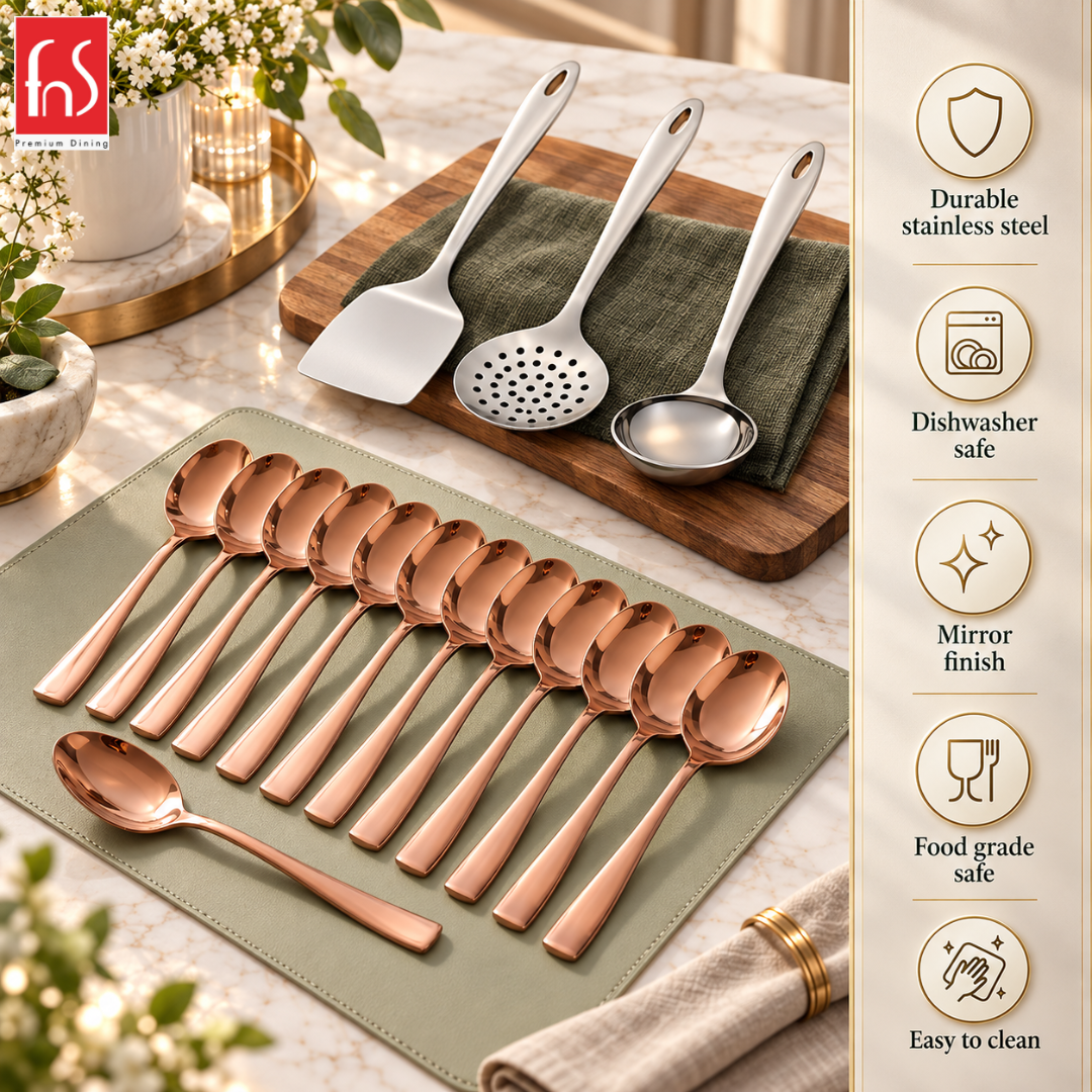 Montavo Amazon Serving Tools & PVD Rose Gold Dinner Spoon Combo Set