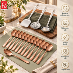 Montavo Amazon Serving Tools & PVD Rose Gold Dinner Spoon Combo Set